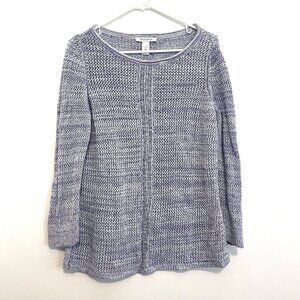 WHITE HOUSE BLACK MARKET WHBM Blue White Open Knit 3/4 Sleeve Cotton Sweater L